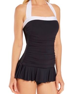 LAUREN RALPH LAUREN BEL AIR SHIRRED BANDEAU HALTER SWIMSUIT WOMENS 10